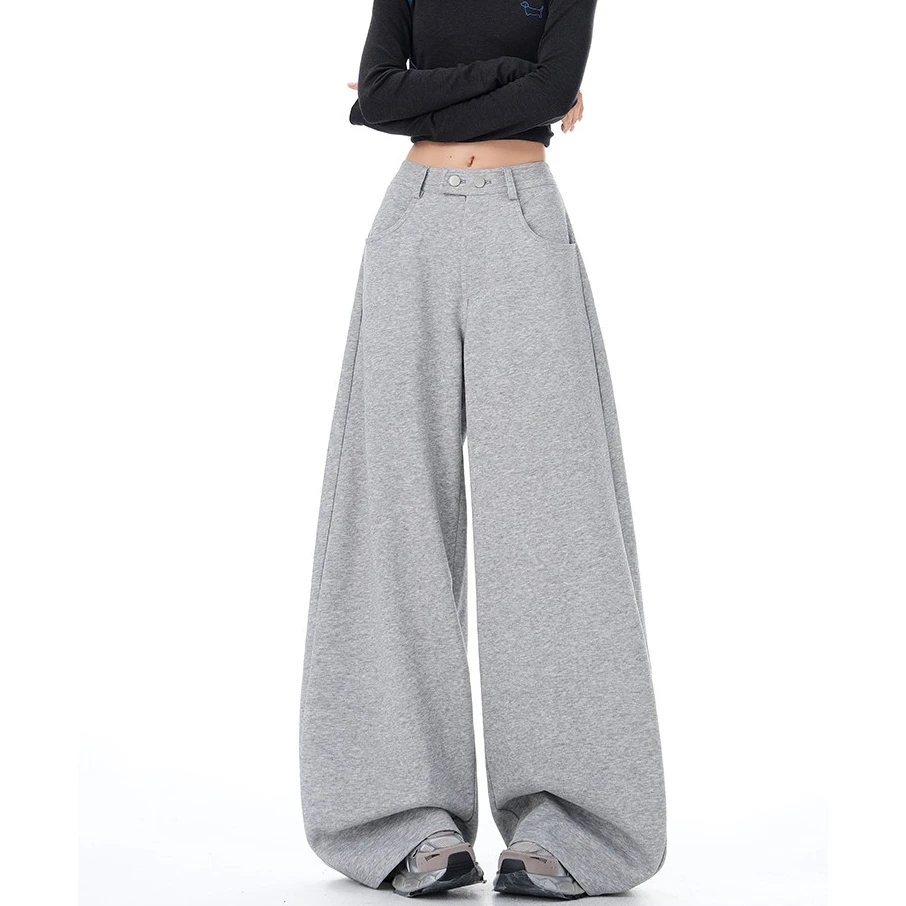 灰色阔腿运动裤女秋季2025年新款百搭宽松垂感直筒休闲卫裤