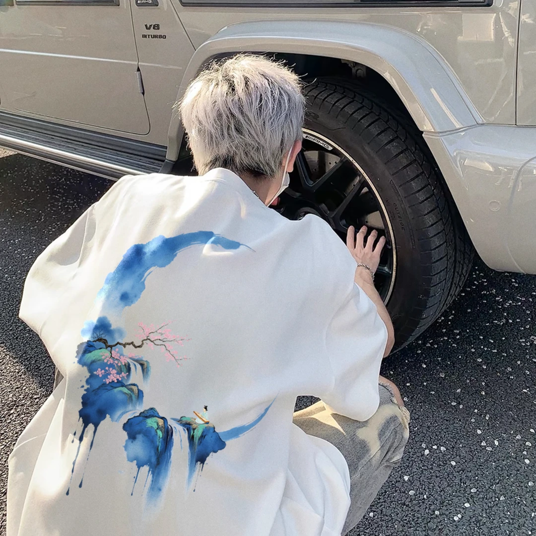 重磅纯棉短袖t恤国潮水墨风月亮印花男女同款夏季圆领宽松型上衣