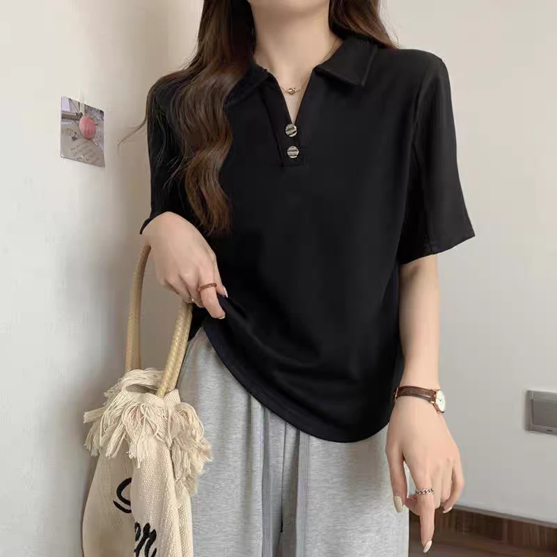 胖MM浪漫 D25053现货时尚翻领T恤夏季新款洋气百搭显瘦上衣