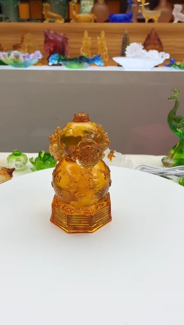 手工艺品琉璃琥珀色金蟾葫芦摆件12*7公分