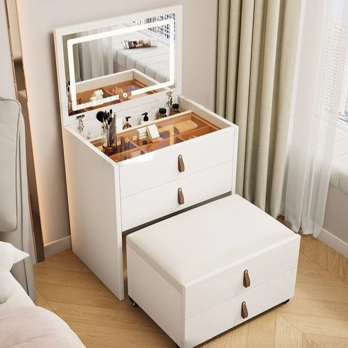 化妆台储物柜一体卧室简约现代2025新款实木翻盖镜子可隐藏梳妆桌