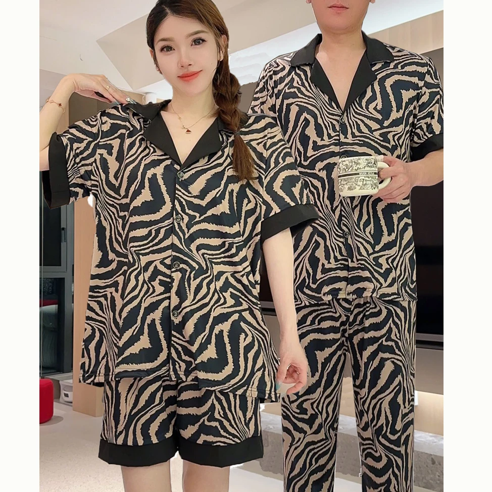 情侣斑马三件套睡衣夏季薄款休闲宽松大码时尚外穿家居服睡衣套装