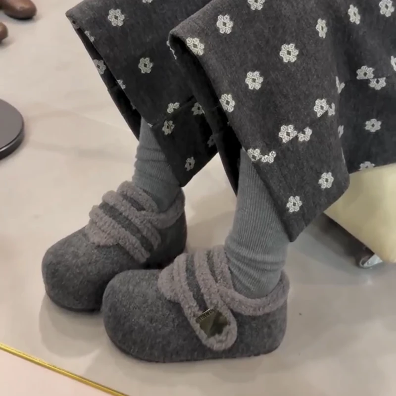 5CM厚底内增高加绒勃肯鞋女2025冬季新款百搭懒人玛丽珍毛毛棉鞋