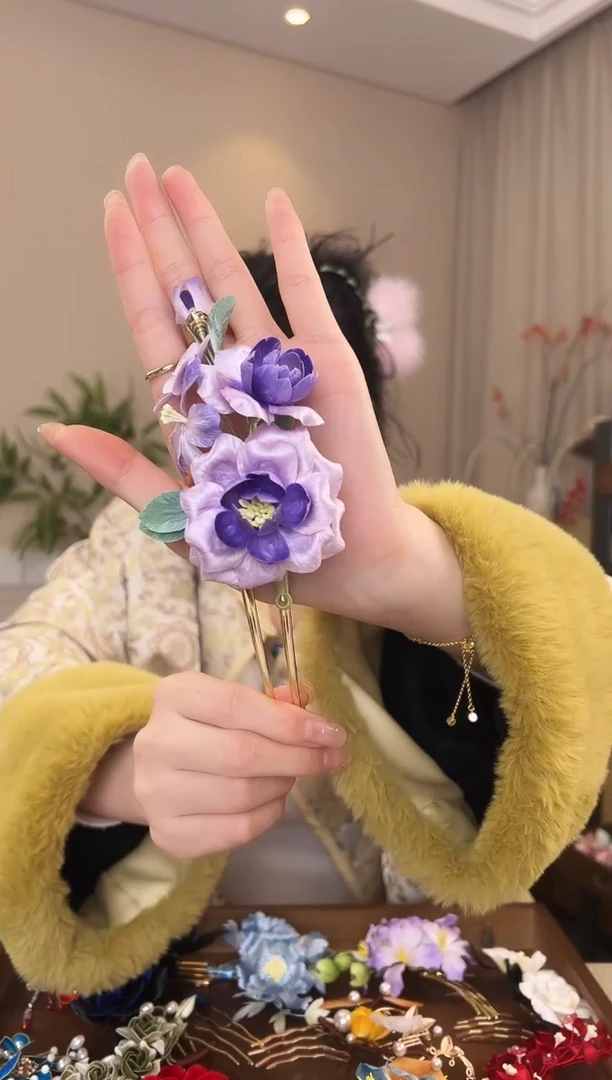 刺绣玫瑰花长u钗