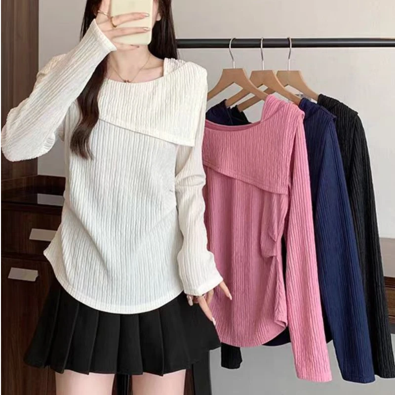 胖mm大码女装秋季新款甜美减龄不规则正肩收腰遮肚子巨显瘦T恤女