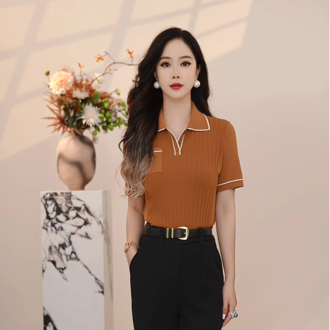 哥弟女装夏季经典百搭舒适时尚通勤减龄POLO短袖领针织衫138025