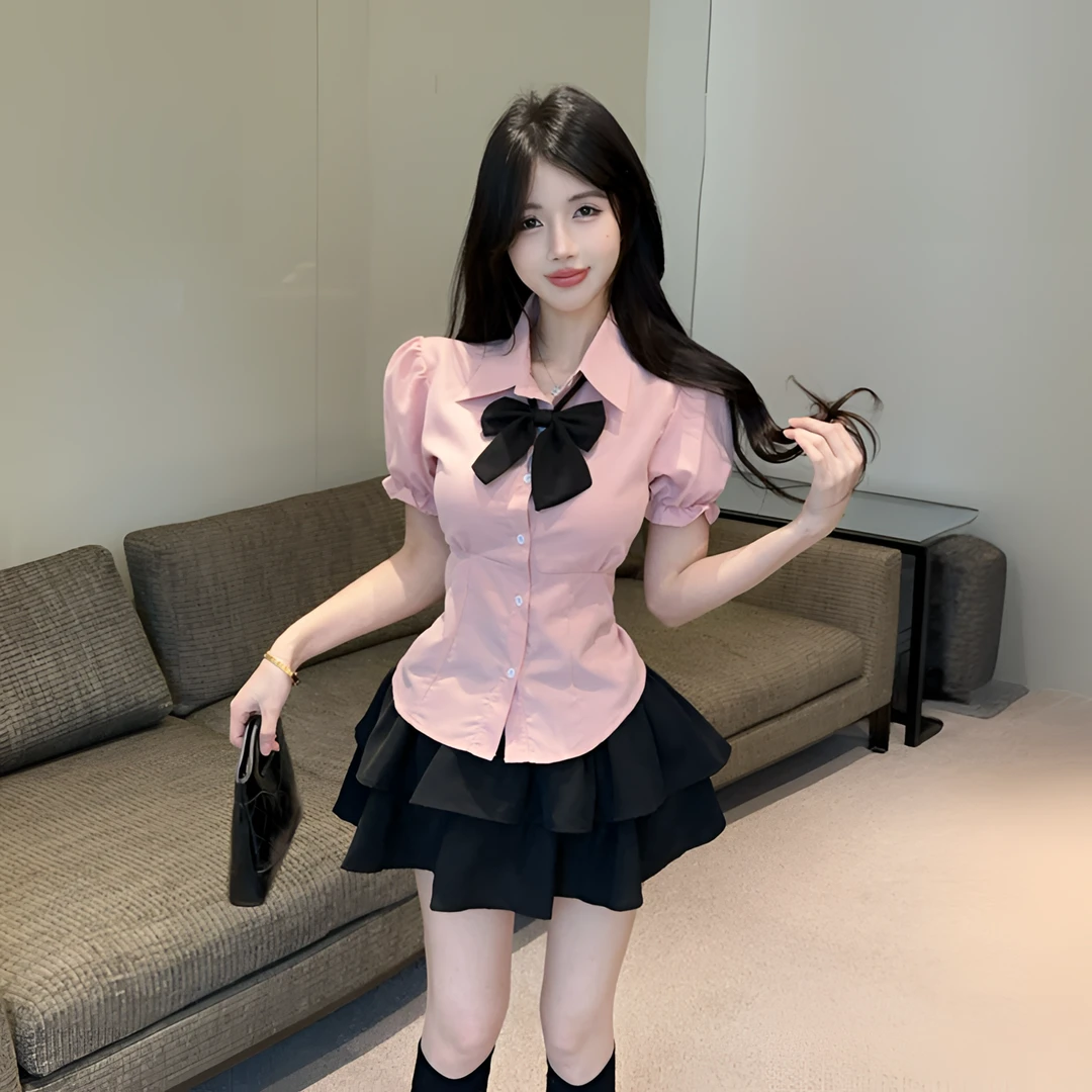 纯欲学院风高腰蛋糕裙jk制服套装夏季气质收腰短袖显瘦衬衣两件套