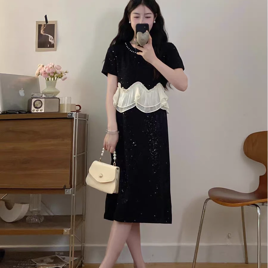 （现货）法式甜美风荷叶边拼接设计高级感收腰显瘦连衣裙女夏1759