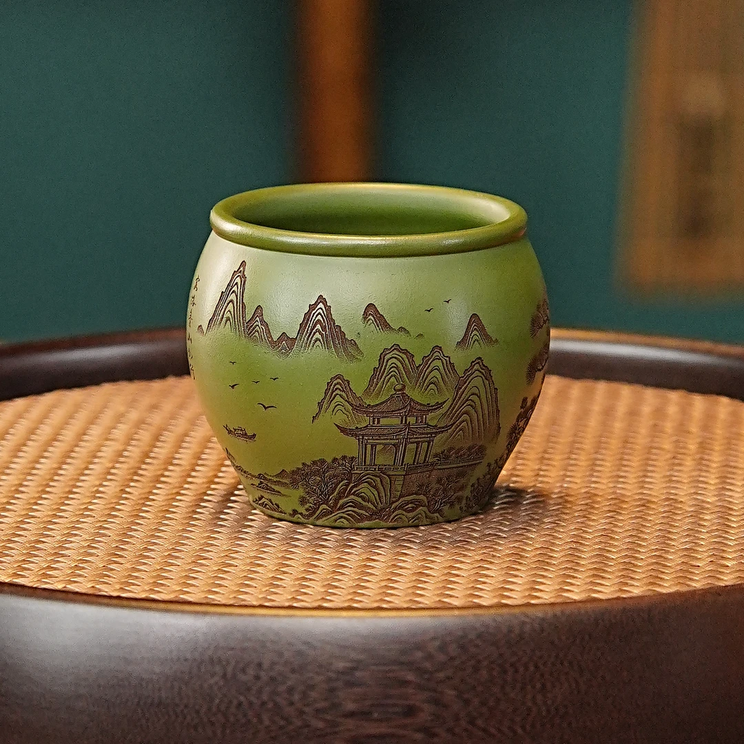 宜兴全手工紫砂茶具原矿绿泥泥料刻绘次北固山下主人杯品茗杯茶杯