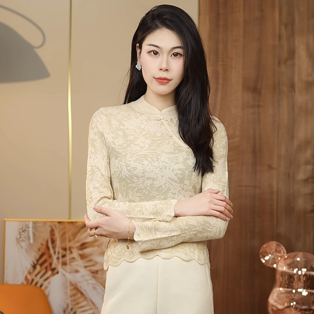 新中式斜襟盘中国风复古气质长袖提花打底针织衫2025早春新款5820