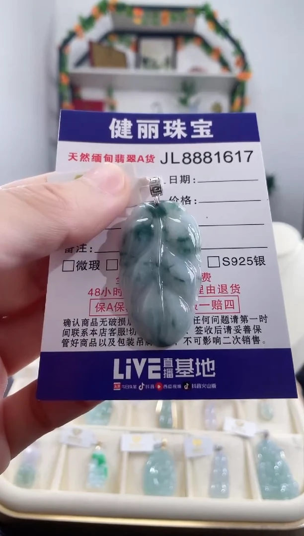 翡翠18K金镶嵌颈饰天然缅甸翡翠 叶子(一物一证)+银链