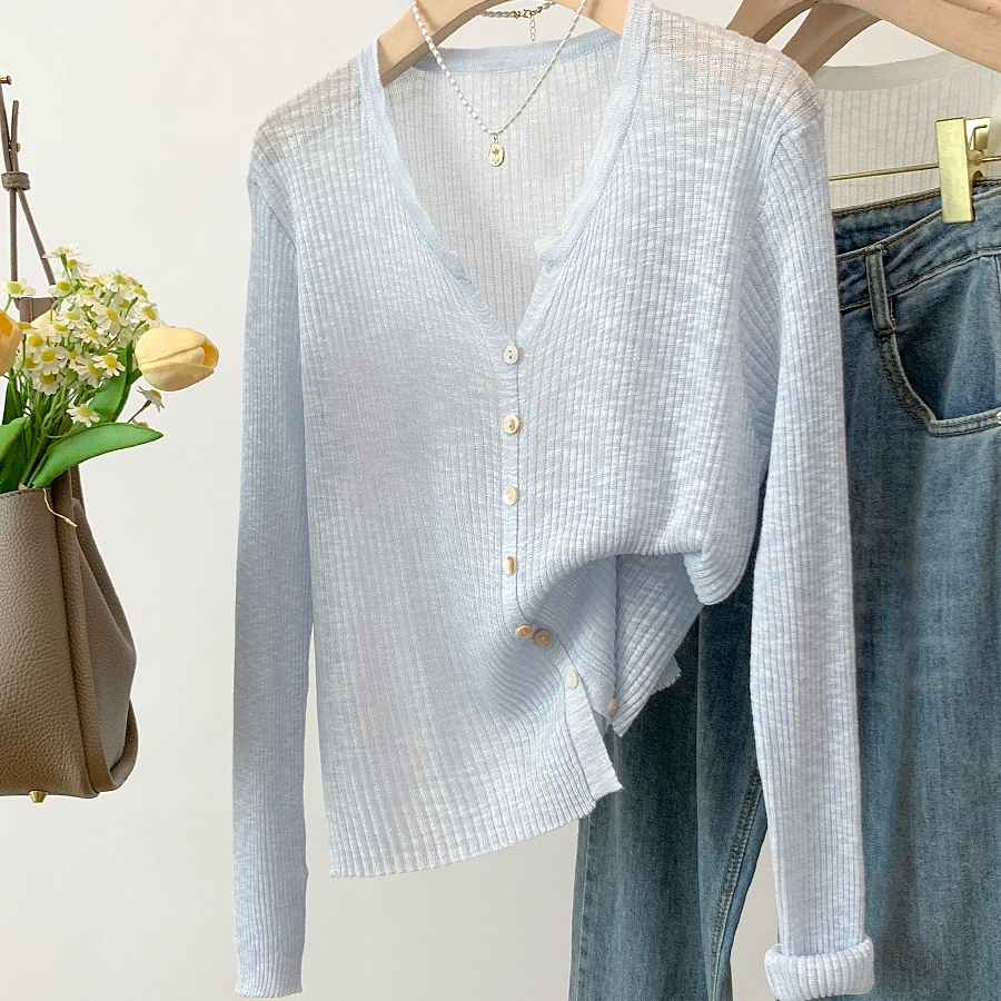 花倾慕竹节亚麻防晒开衫温柔风夏季空调衫百搭薄款针织衫女90215