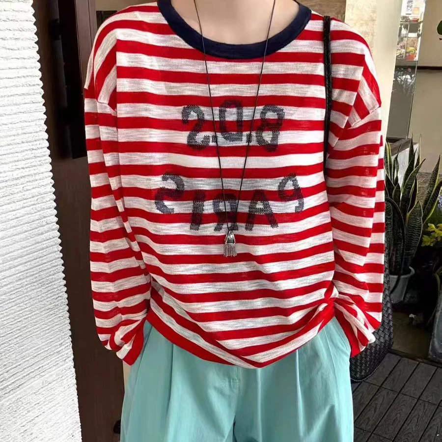 【艳子】3315高级感圆领条纹字母薄款防晒衫