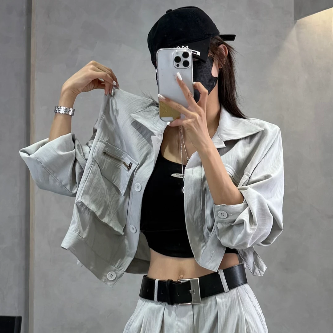 【大7定制】18865#精品夏装工装拉链口袋防晒衫短外套女