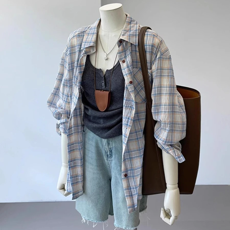 【杭州意法好货】韩式松弛感宽松彩色撞色简约纯粹翻领小格子衬衫女