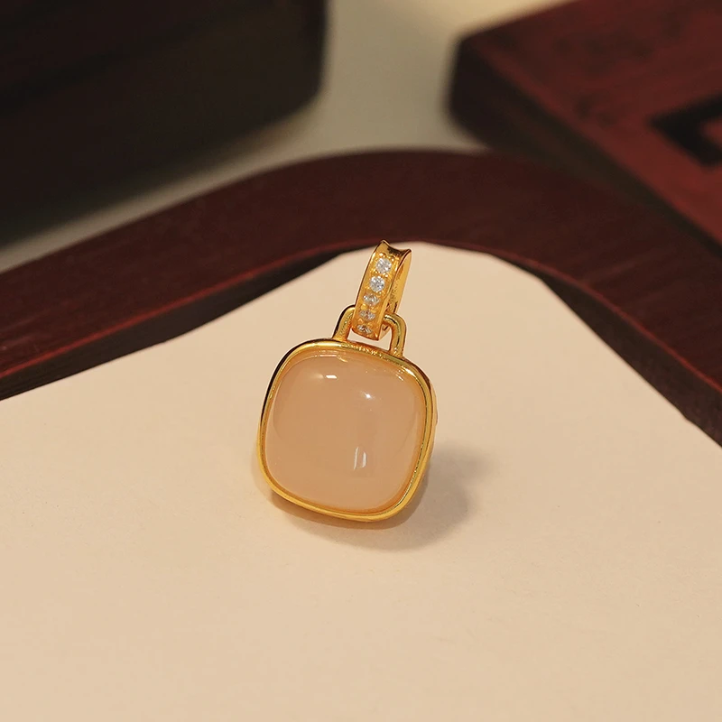 {石泽珠宝}和田玉藕粉方糖s925银镶嵌气质百搭多样性发货