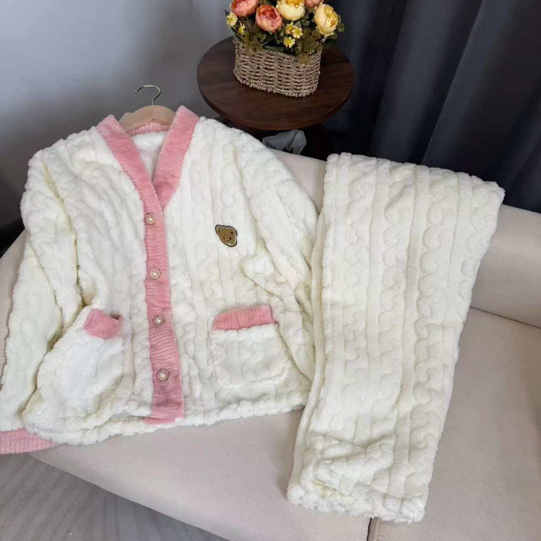 秋季睡衣绒款家居服套装女士保暖睡衣舒适有弹性时尚套装冬款