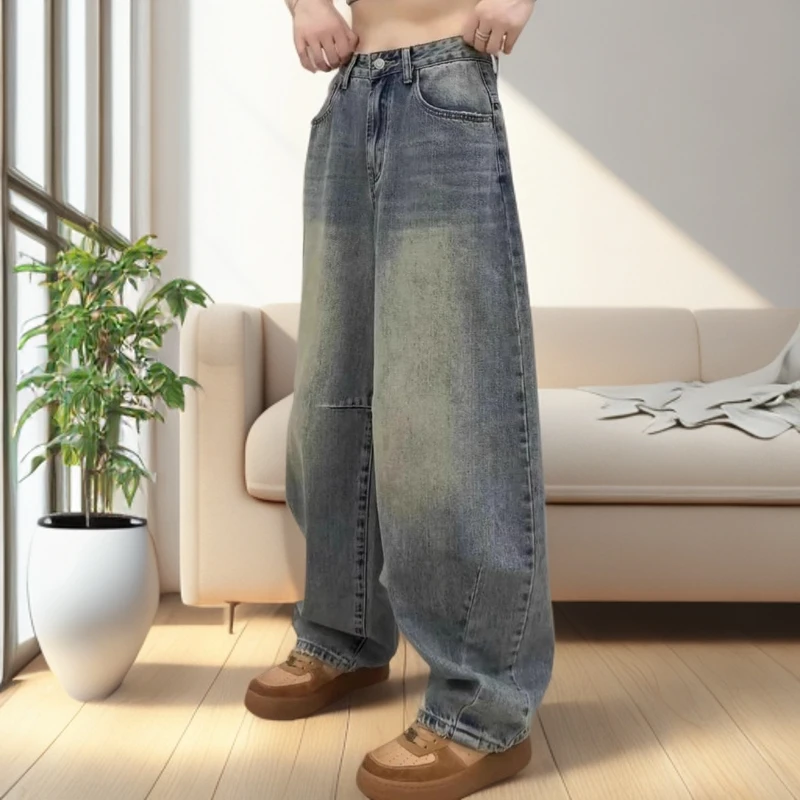 2025新款秋季高腰复古时尚气质宽松显瘦百搭垂感阔腿弯刀牛仔裤女