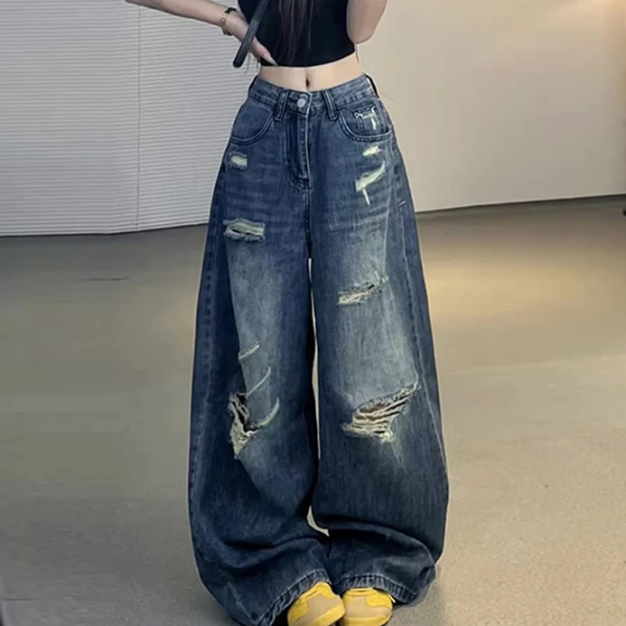 韩系复古高腰宽松破洞阔腿牛仔裤女2025夏季设计感小众拖地长裤潮