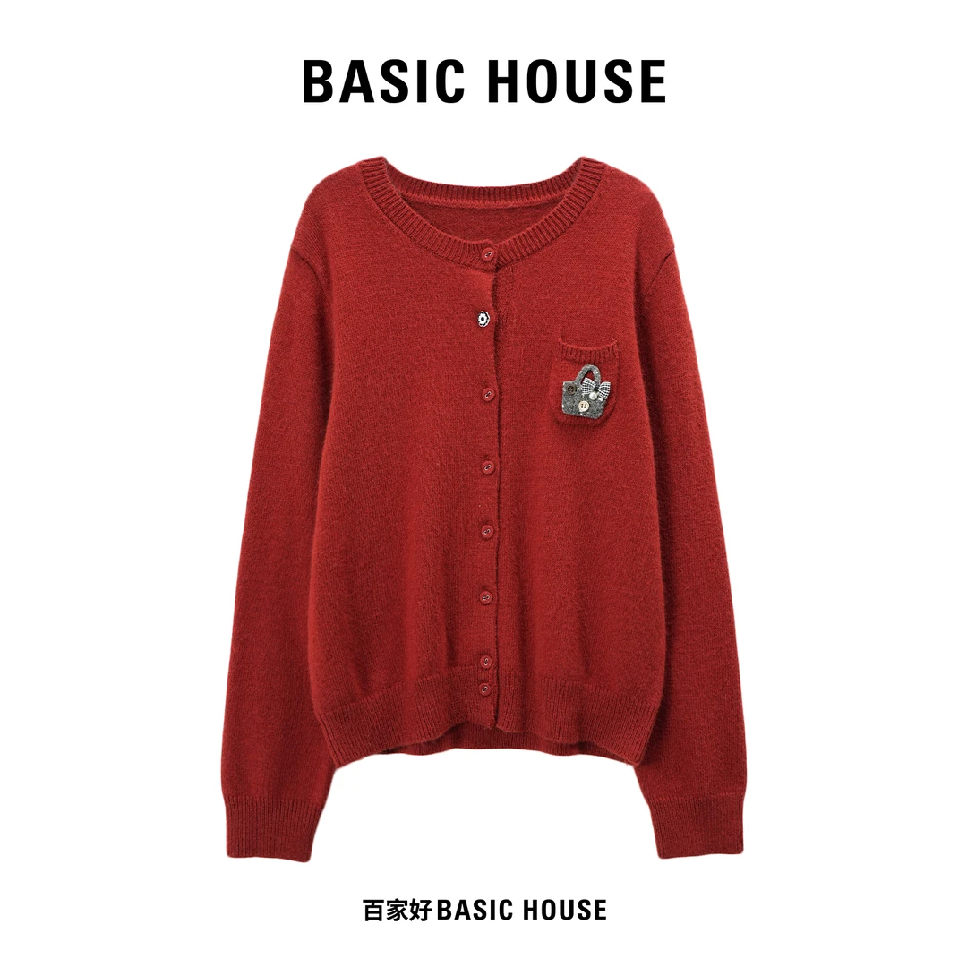 Basic House/百家好2025套头刺绣圆领收袖气质百搭针织衫V062 XX