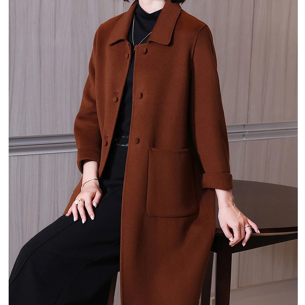 【100%纯羊毛】2025年新款纯手工缝制长款娃娃领领高端时尚显气质