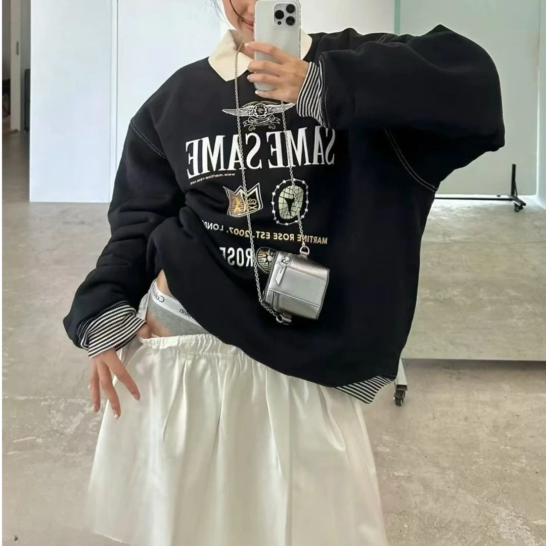 NICE圈圈、徽章假两件叠穿加绒字母螺纹领口卫衣A7876