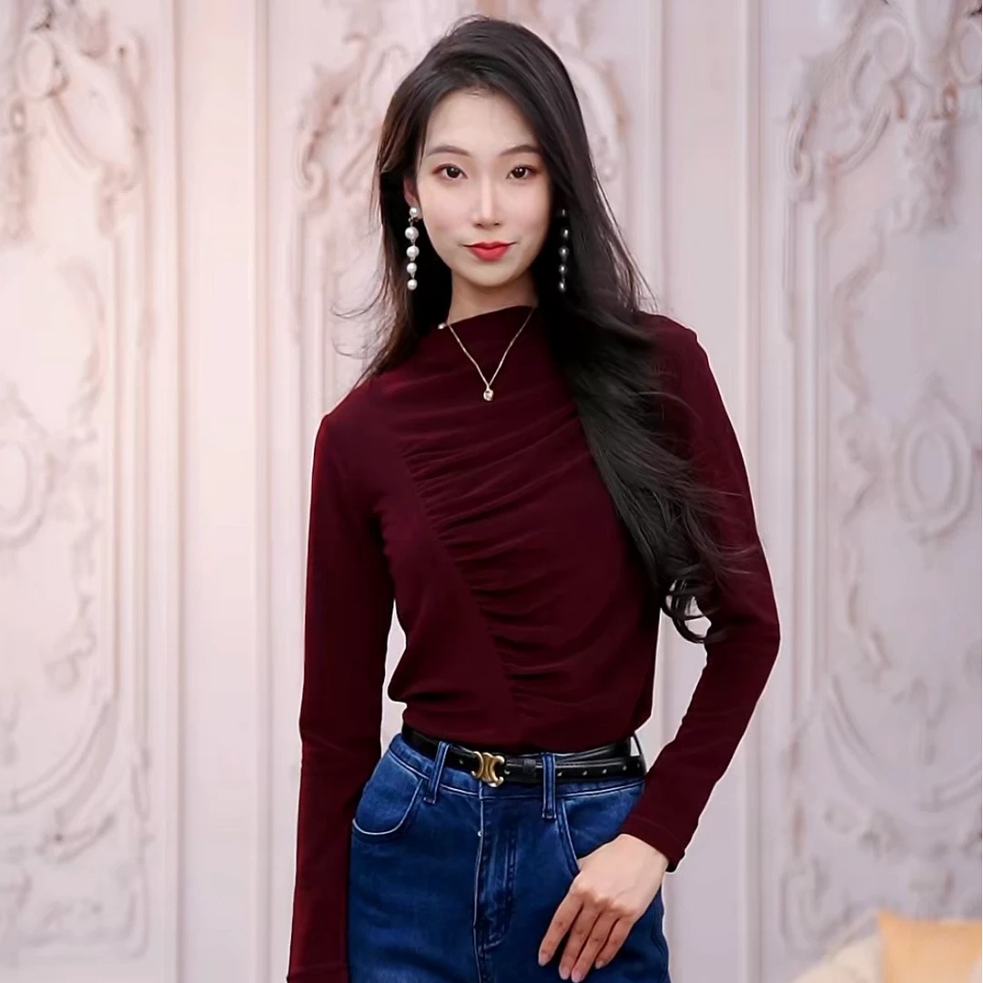 DKNY/唐可娜儿【优雅跨年】春款高级感堆领装饰酒红修身针织衫内搭