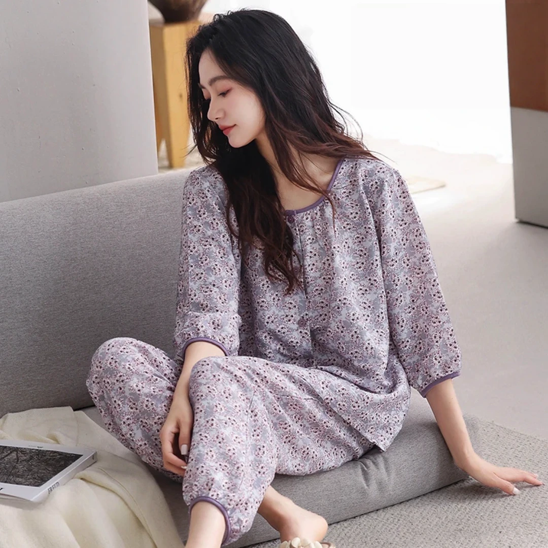 睡衣女士春夏季新款印花开衫纯棉七分袖家居服可外穿宽松薄款套装
