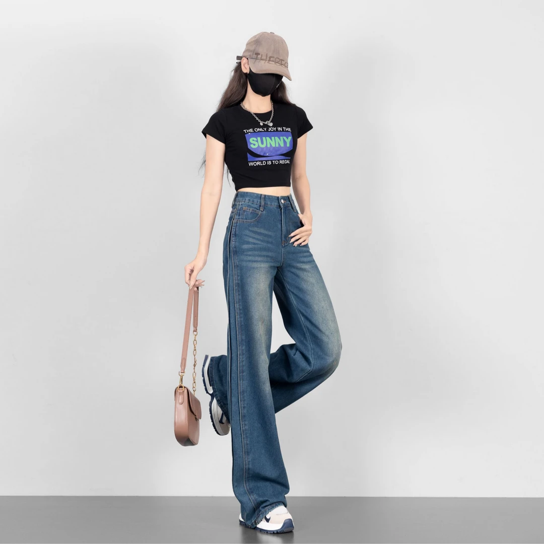 【品牌尾单】25夏季新款直筒牛仔裤女怀旧蓝高腰显瘦小个子专属宽松