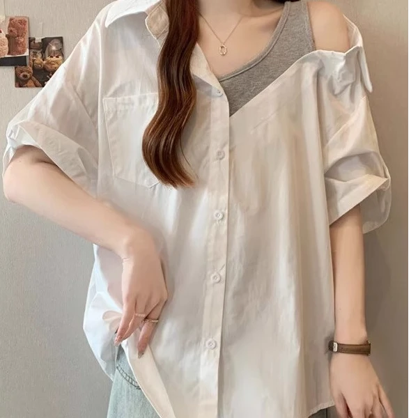 大码女装夏季遮肚子假两件拼接个性衬衫女微胖mm宽松露肩上衣