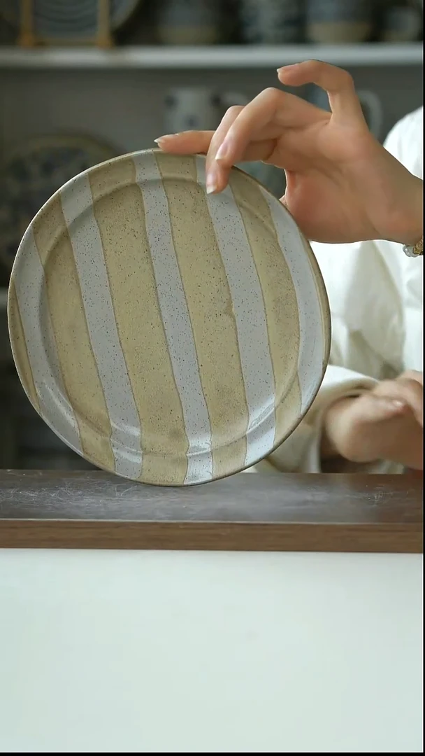 陶画釉条纹早餐盘19cm@4-2@