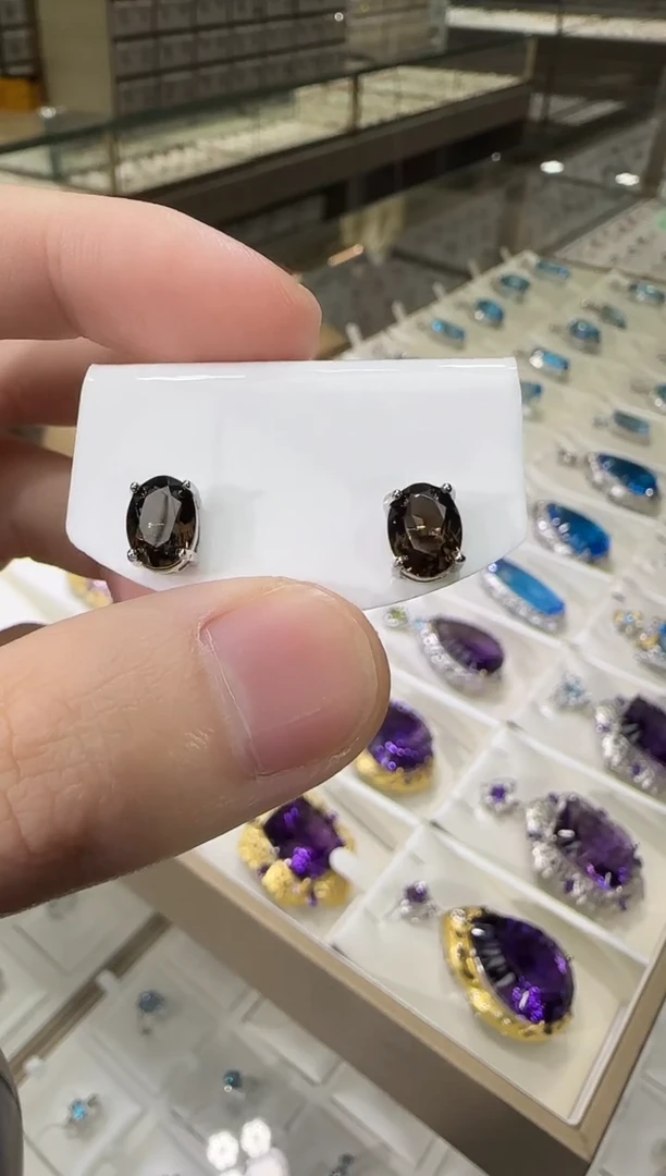 银S925镶嵌耳饰水晶茶晶9mm简约