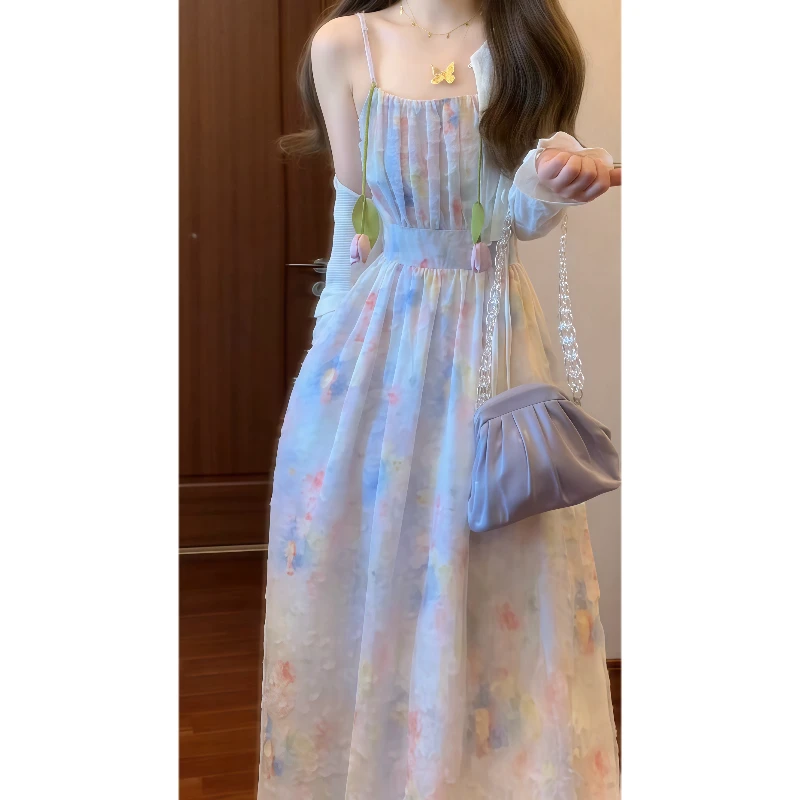 秋季法式温柔气质立体剪花油画印花吊带连衣裙&针织开衫外套9784