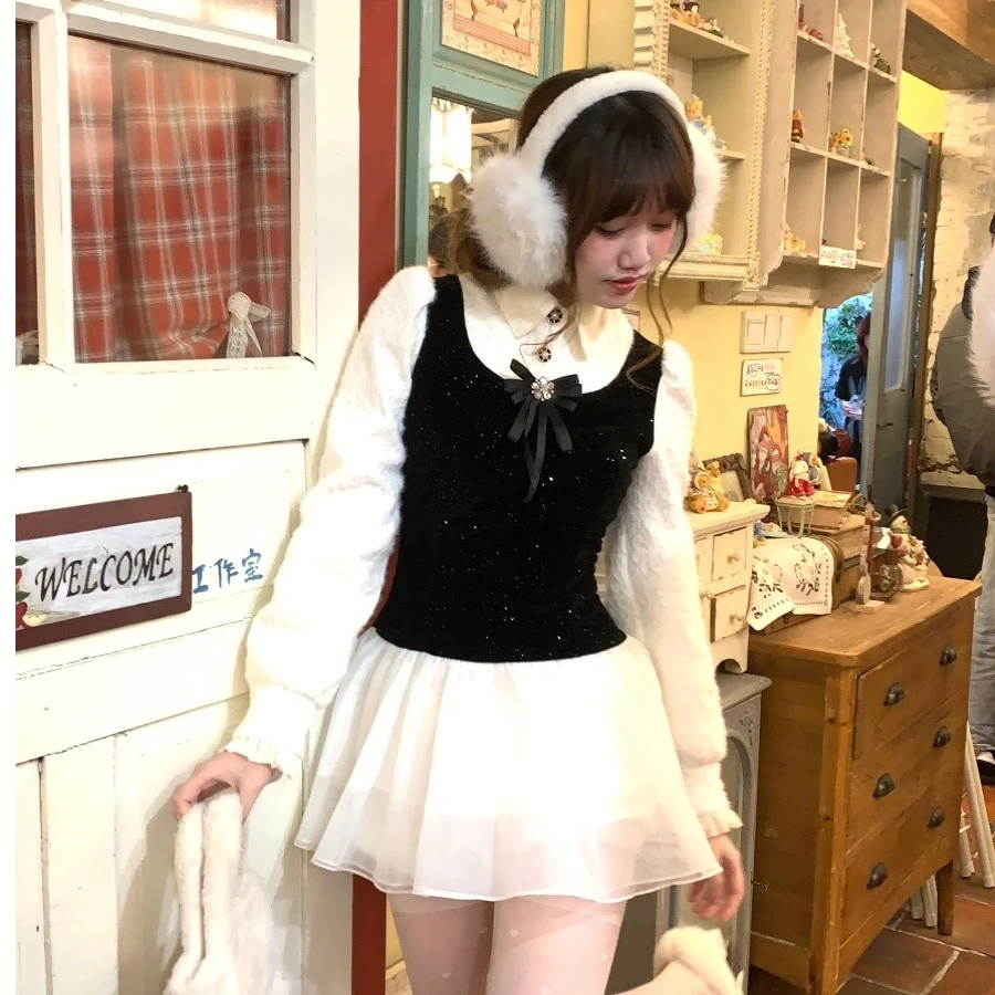 森女系原创想去海边 笑笑 黑白少女拼接连衣裙假两件