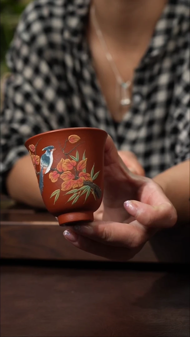 朱泥泥绘红枫小杯