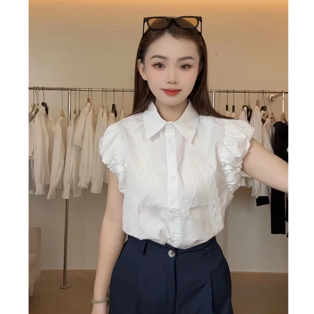 减龄甜美宽松休闲白色上衣2025夏季高级感Polo领束袖褶皱衬衫