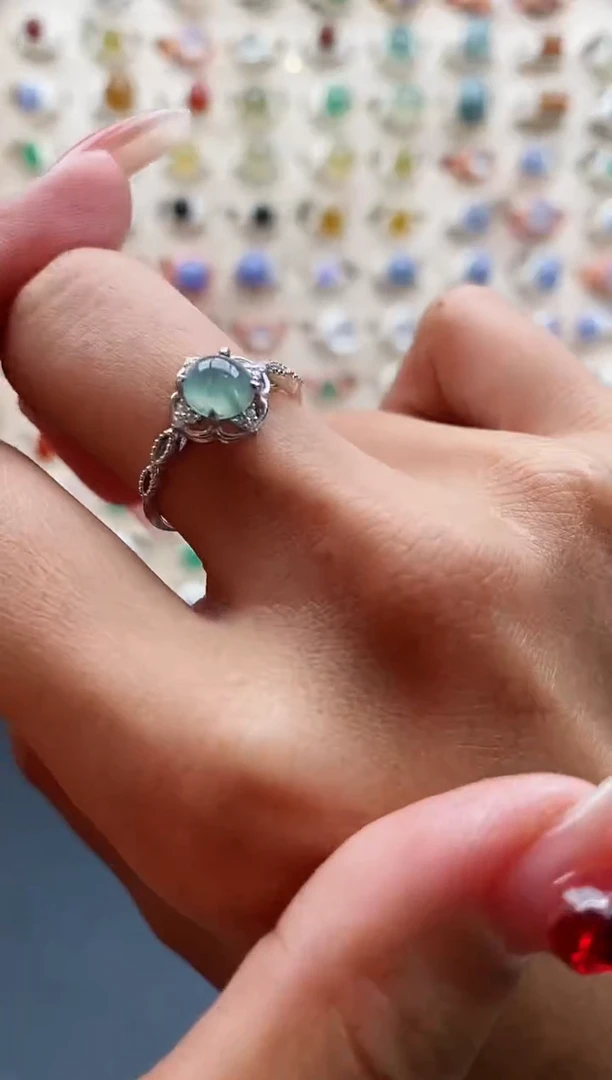 【闪购商品】翡翠戒指银S925镶嵌缅甸天然A货翡翠222 6+10