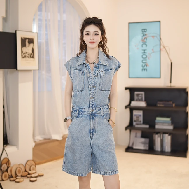 Basic House/百家好25夏季新款气质减龄工装无袖牛仔连体裤女