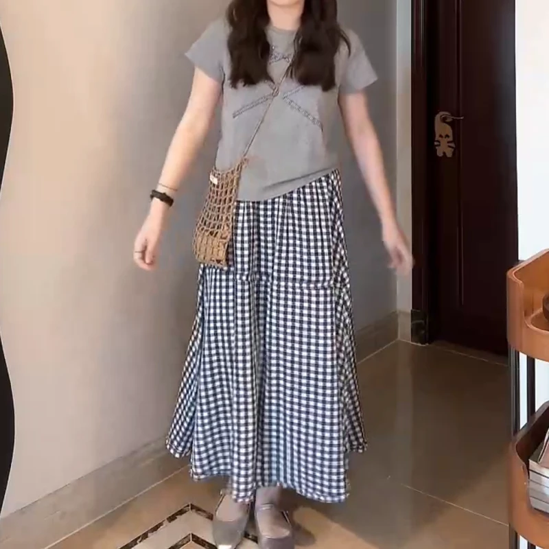 【高智少女】蝴蝶结格纹短袖+复古波浪边半身裙套装LK2502562