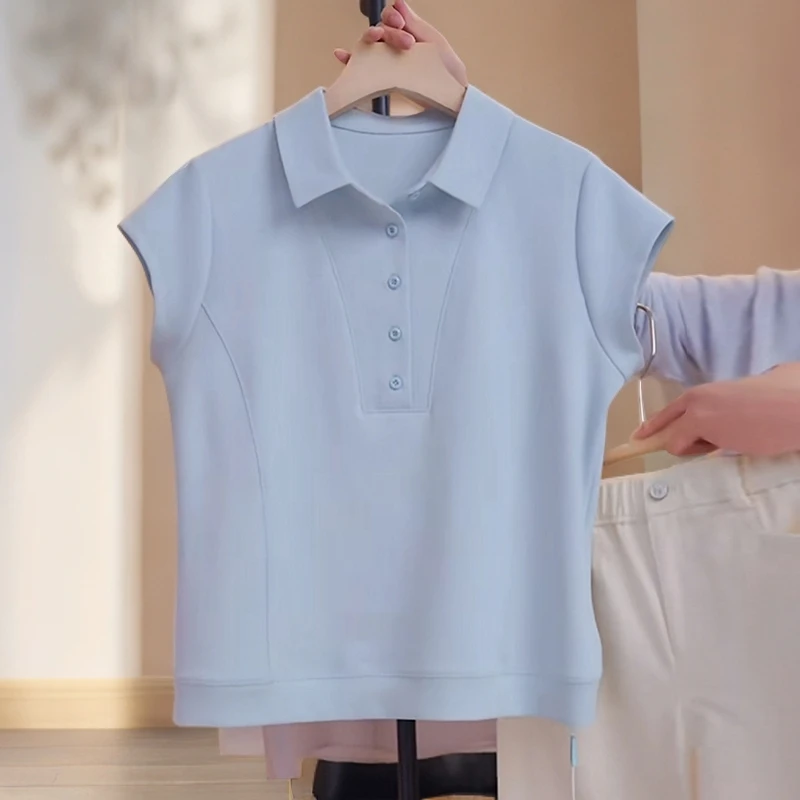 2025夏季新款蓝色短袖女T恤时尚减龄宽松显瘦正肩polo衫体恤上衣