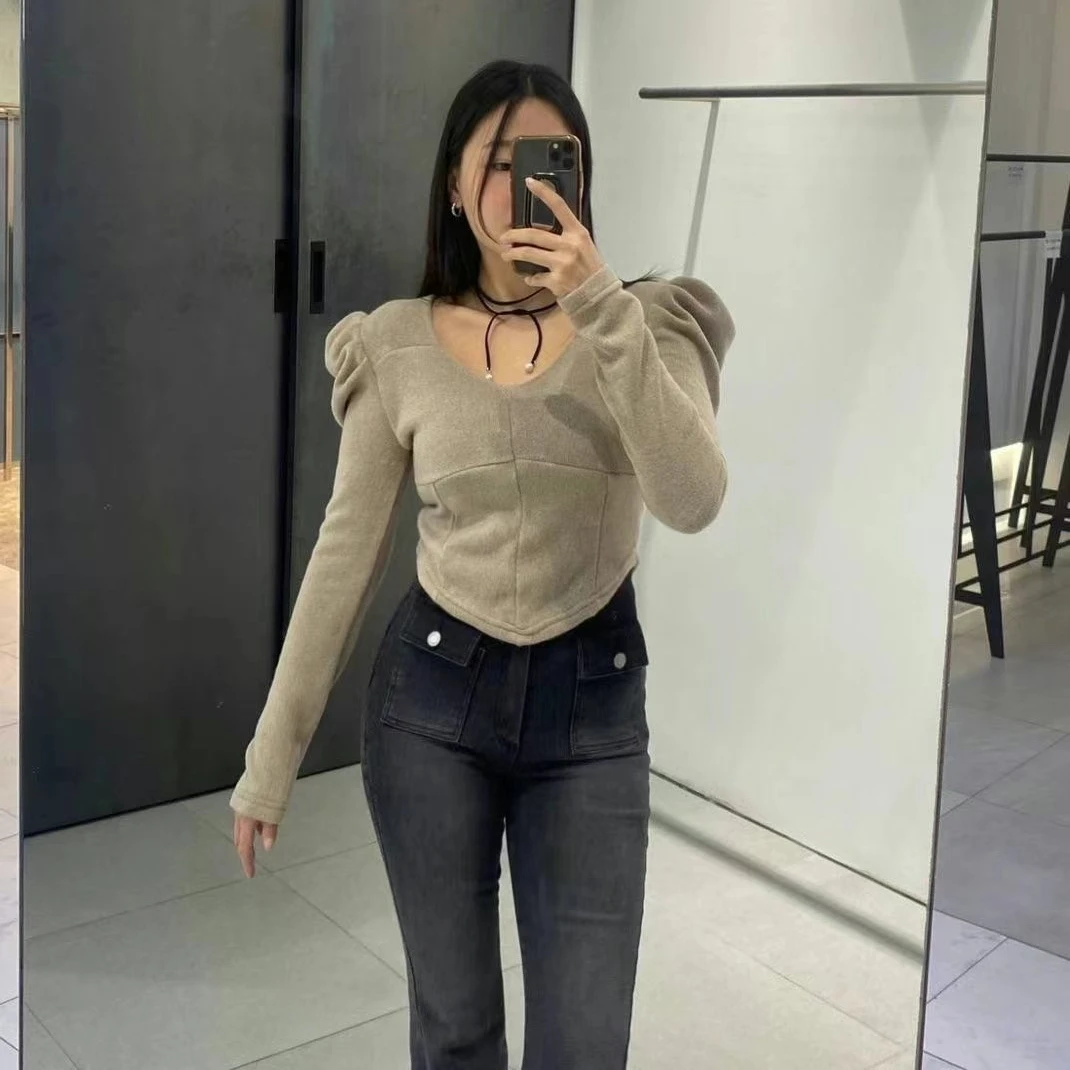 no退弄换mon档口打折垫肩泡泡袖显瘦T