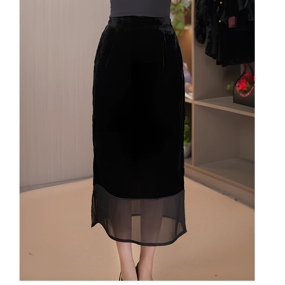 【衣锦阁】高端丝绒雕花烧花半身开叉A字裙中长款松紧腰