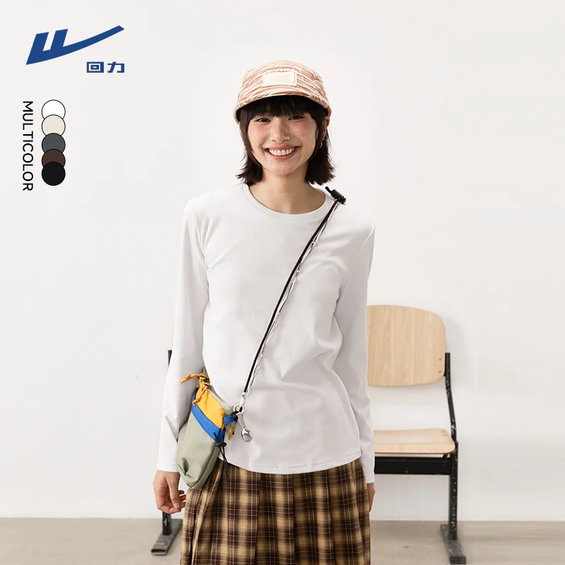 回力磨毛圆领长袖打底衫女2025秋冬季新款修身显瘦叠穿内搭上衣X