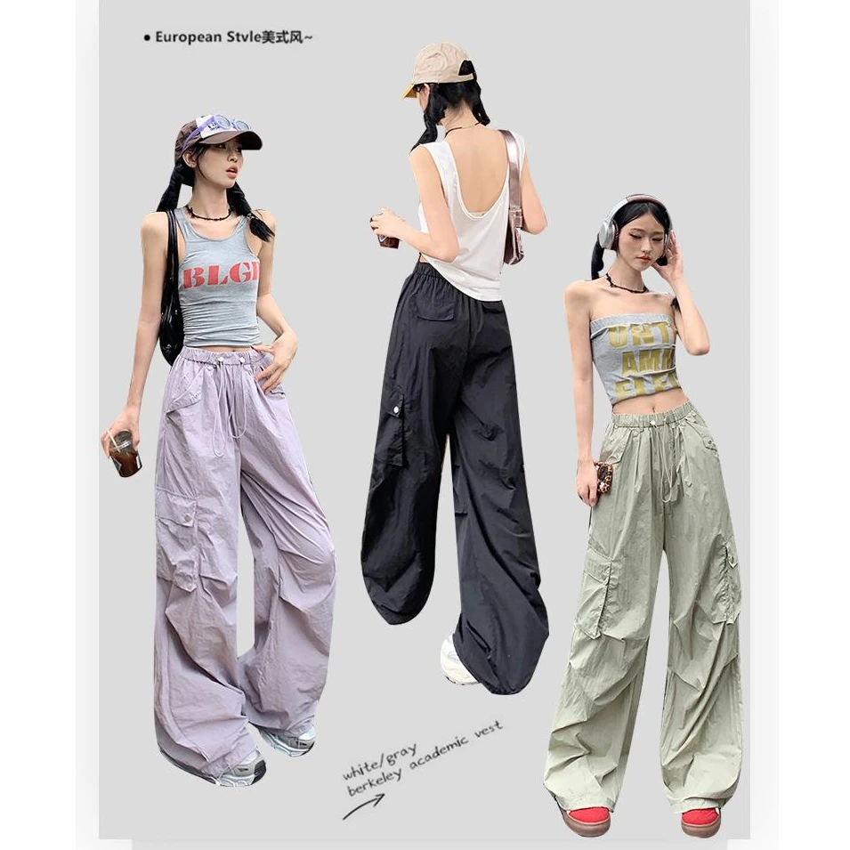 夏季美式街头风褶皱裤阔腿裤休闲裤宽松通勤长裤薄款束脚工装裤潮