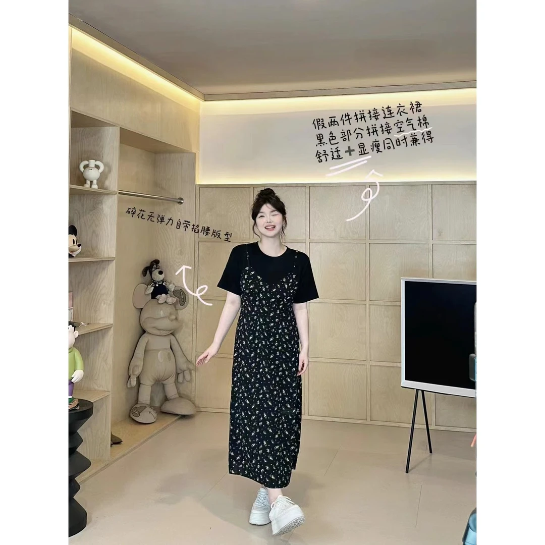 晶咕【明媚夏日】韩系假两件高腰设计吊带掐腰A字短袖连衣裙