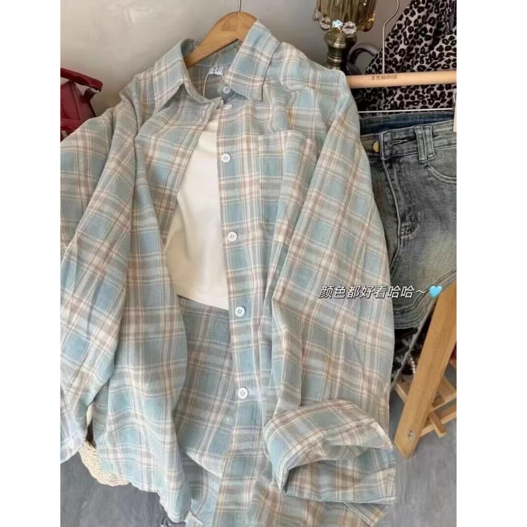 复古长袖格子衬衫宽松外套衬衣女小众设计感外搭上衣潮百搭韩版