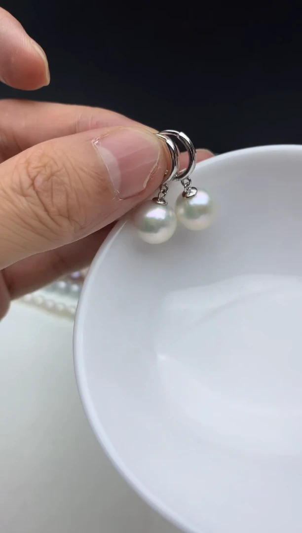 银S925镶嵌ff淡水珍珠白珠耳饰10~11mm