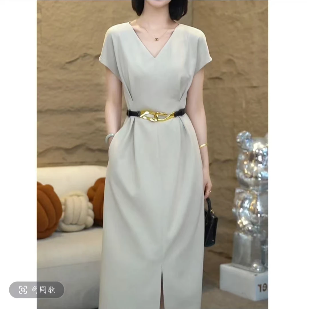 优雅迷人知性大方短袖连衣裙2025夏季灰色收腰显瘦通勤开叉A字裙