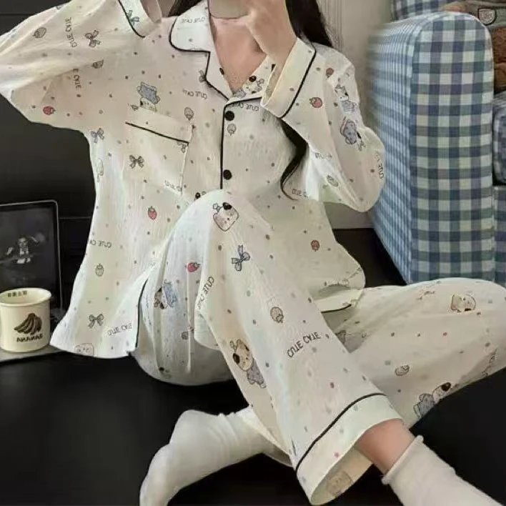 新款B1040杏波点猫双长家居套装