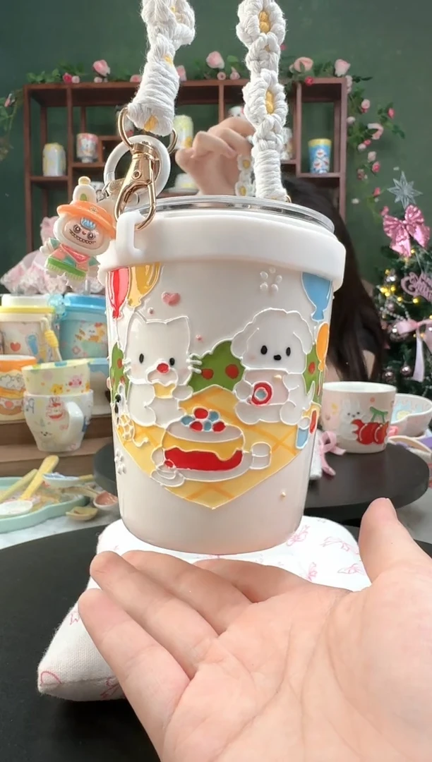 2景德镇高温陶瓷釉下彩 玉泥 带链子吸管 随行杯